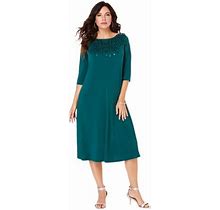 Roaman's Women's Plus Size Ultrasmooth Fabric Embellished Swing Dress - 38/40, Emerald Green