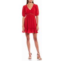 City Vibe Puffed Sleeve Fit-And-Flare Dress, Womens, Juniors, S, Red