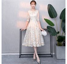 Elegant Tea-Length Lace Evening Dresses With Sleeve O-Neck A-Line