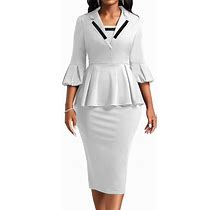 White Business Dress For Women Elegant 3/4 Puff Sleeve Peplum Ruffle Hem Midi Church Dresses And Suits With Zipper Wear To Work Dress(White,L)