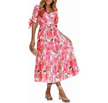 BLENCOT Womens 2023 Summer Boho Floral Dress Deep V Neck Short Sleeve Casual Party Beach Ruffle Maxi Dresses Pink L