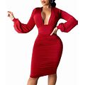 Women's Sexy Bodycon Dress Deep V Neck Ruched Long Sleeve Midi Business Pencil Dress