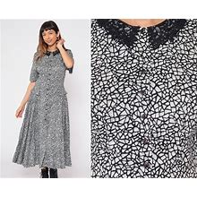 80S Mosaic Dress Black White Abstract Lace Collar Dress Midi Drop Waist Granny Dress Button Up Vintage Pocket Short Sleeve Small 6 Petite