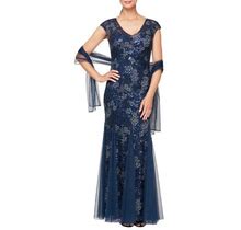Alex Evenings Sequin Embroidered Trumpet Gown In Navy At Nordstrom, Size 10P