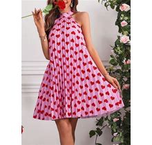 Women's Heart Patterned Pleated Halterneck Dress,XL