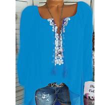 Women Casual Long Sleeve V Neck Fringed Summer Boho Tops&T-Shirts Blue/XXL