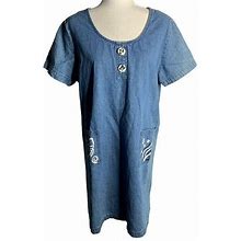 Vintage Denim Chambray Shift Dress L Fish Pockets Short Sleeves - Women | Color: Blue | Size: L