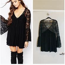 Free People Dresses | Free People Lace Babydoll Bell Sleeve Crochet | Color: Black | Size: Xs