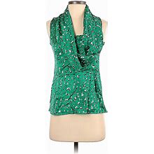Ann Taylor Factory Sleeveless Blouse: Plunge Covered Shoulder Green Floral Tops - Women's Size 0 Petite