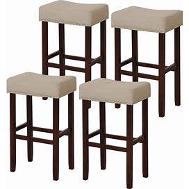 29.5 in. Beige Set Of 4 Bar Stools Bar Height Saddle Kitchen Chairs With Wooden Legs