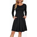 AUSELILY Women's Long Sleeve Pleated Loose Swing Casual Dress With Pockets Knee Length