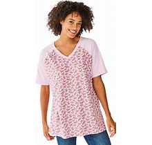Plus Size Women's Elbow Sleeve V-Neck Baseball Tee By Woman Within In Pink Ditsy (Size L)