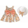 Girls Child Sleeveless Round Neck Floral Prints Summer Beach Sundress Party Dresses Princess Dress Hat Orange 5