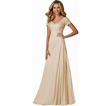 Women's Lace Appliques Mother Of The Bride Dresses V-Neck Chiffon Long Formal Evening Gowns With Sleeve