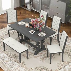 6 Piece Retro Dining Table Set With Unique-Designed Table Legs And Foam-Covered Seat Backs & Cushions For Dining Room, Grey, Antique Gray 1