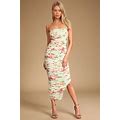 Green Stun And Only Sage Floral Print Ruched Mesh Bodycon Midi Dress | Womens | Medium (Available In L) | 100% Polyester | Lulus