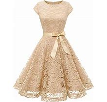 Ersazi Maxi Dress Women Lace Short Sleeves Cocktail Prom Ballgown Vintage Dress In Clearance Beige M