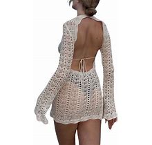 Womens Long Sleeve Crochet Knit Mini Dress Hollow Out Swimsuit Cover Up Beach Sundress Swimwear