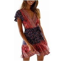 Summer Dresses For Women 2023 V Neck Ruffle Going Out Dresses Floral Ruffle Print Holiday Ruched Bohemian Halter Dresses