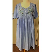 Blair House Dress Womens Blue Chambray Pleated Floral Embroidered
