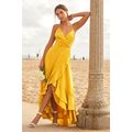 Mustard Yellow Satin Lace-Up High-Low Maxi Dress | Womens | Small (Available In XS, M, L, XL) | 100% Polyester | Dresses On Sale | Prom Dresses