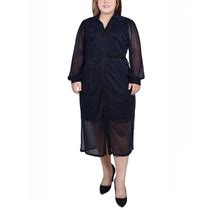 Ny Collection Plus Size Long Sleeve Plisse Mesh Dress With Belt - Navy
