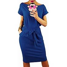 Longwu Women's Elegant Short Sleeve Wear To Work Casual Pencil Dress With Belt Blue-L