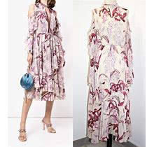 Marchesa Notte Floral Cold Shoulder Ruffle Tea Length Dress In Ivory