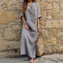 Lystmrge Cocktail Dress Summer Petite Casual Dresses For Summer Women Midi Dresses Summer Women's New Summer Cotton And Linen Yarn-Dyed Striped Loose