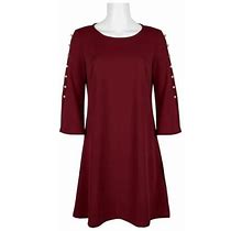 Nina Leonard Scoop Neck Embellished Long Sleeve Solid Stretch Crepe Dress-CABERNET / S