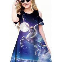 3D Unicorn In Starry Sky Print Dress Girls Crew Neck Dress Elegant Comfy For Kids Party Summer,Dark Purple,Trending,Temu