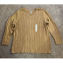 Croft & Barrow Tan V Neck Cable Knit Women's Long Sleeve Pullover