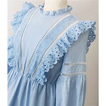 The Clothing Company Dresses | Blue Cotton Eyelet Embroidery Ruffle Dress. Nwt. 100 % Cotton | Color: Blue/White | Size: L