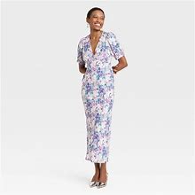Women's Crepe Puff Short Sleeve Midi Dress - A New Day Blue Floral L