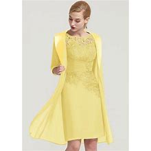 STACEES Mother Of The Bride Dress Bateau Half Sleeve Knee-Length Chiffon Pleated Lace Appliqued - Daffodil