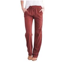 Shiusina Pants For Women Women Casual Cotton And Linen Solid Drawstring Elastic Waist Long Straight Pants Wine