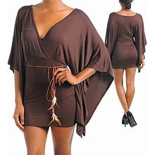 Brown Dolman Flutter Sleeve Belted Tunic Top/Mini Dress