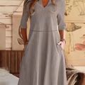 Solid Notch Neck Aline Dress, Elegant Half Sleeve Dress For Spring & Fall, Women's Clothing,Gray,Reliable,Temu