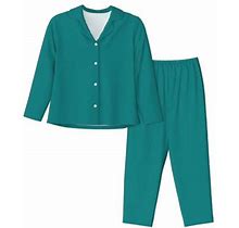 Kll Teal Print Women's Long Sleeve Pajamas With Pants Sleepwear Loungewear 2 Set-Small