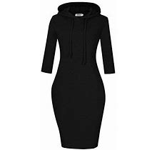 MISSKY Women's Pocket Knee Length Sweatshirt Casual Pullover Hoodie Dress (XS,Black)