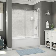 Utile 32 in. X 60 in. X 81 in. Bath And Shower Combo In Marble Carrara With New Town Right Drain, Halo Door Chrome