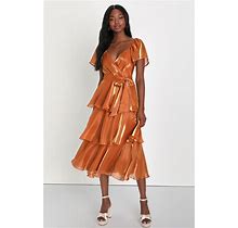 Rust Orange Flutter Sleeve Tiered Midi Dress | Womens | Small | Lulus