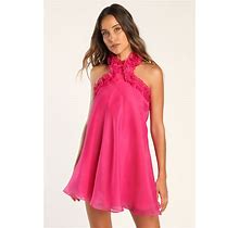 Hot Pink Organza Ruffled Halter Mini Dress | Womens | Medium (Available In L) | 100% Polyester | Lulus