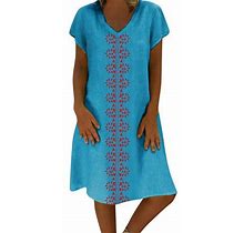 Huaai Plus Size Dress Women Summer Style V-Neck Printed Cotton And Linen Casual Plus Size Ladies Dress Summer Dresses For Women 2023 Blue Xxxxxl