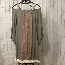 Kori Dresses | Kori America Gauzy Tribal Embroidery Fringed Sheath Dress | Color: Green/Orange | Size: M