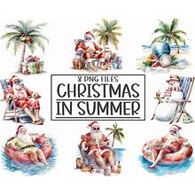 Christmas In Summer Clipart, PNG Watercolor Christmas In July Clipart, Summer Santa, Beach Santa, Pool Santa, Christmas Palm Trees, Download