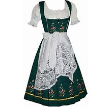 M 10 Long Green Dirndl Dress German Women Waitress Oktoberfest EMBROIDERED 3 Pcs