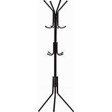 Free-Standing Coat Rack Metal Stand - Hall Tree Entry-Way Furniture Best For Hanging Up Jacket, Purse, Hand-Bag, Cloth, Hat, Winter Scarf Holder - Home Or Office Floor Hanger 12-Hooks Organizer, Black