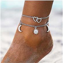 Modlily Women's Silver Moon Layered Heart Design Anklet Set - One Size