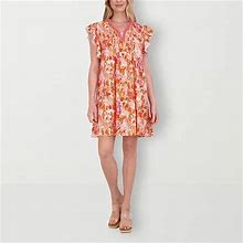 Stella Parker Short Sleeve Floral A-Line Dress | Orange | Womens Large | Dresses A-Line Dresses